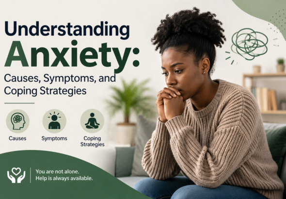 A thoughtful woman sitting indoors experiencing anxiety, illustrating the causes, symptoms, and coping strategies for managing anxiety and improving mental wellbeing.
