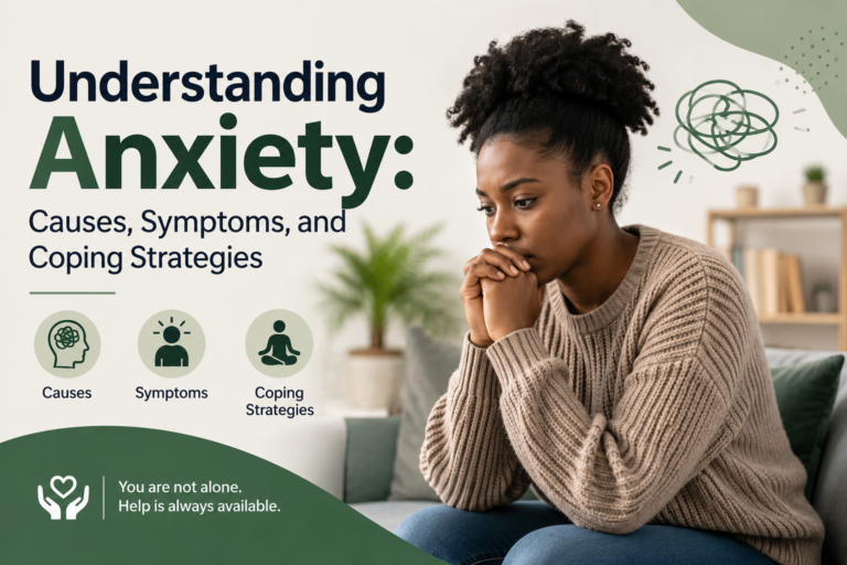 A thoughtful woman sitting indoors experiencing anxiety, illustrating the causes, symptoms, and coping strategies for managing anxiety and improving mental wellbeing.